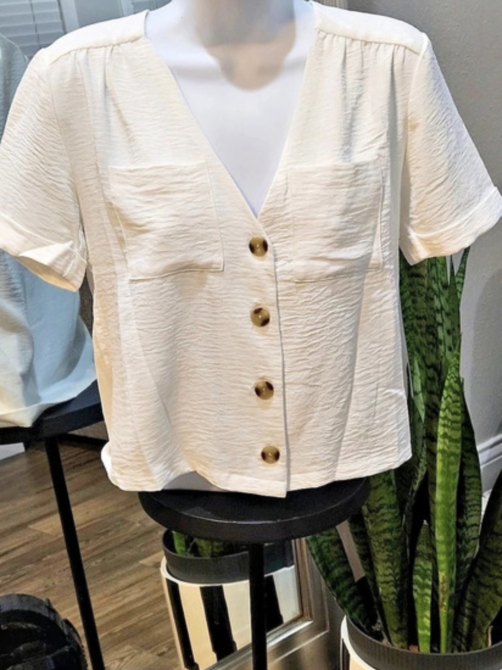 Textured V-Neck Blouse in White